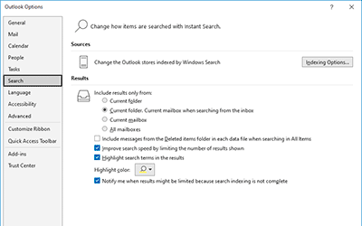 Outlook search options