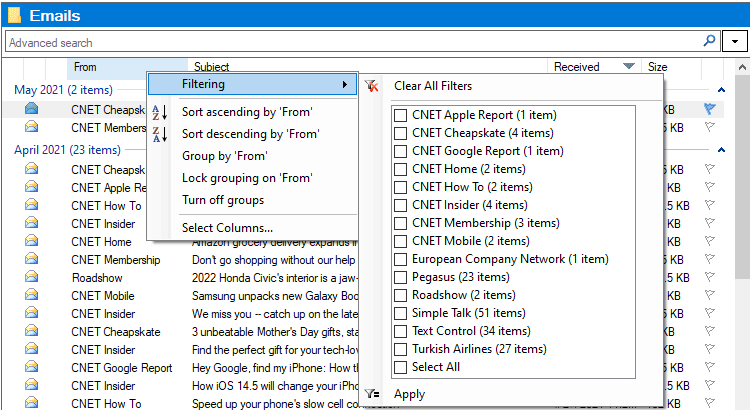 Column Filtering