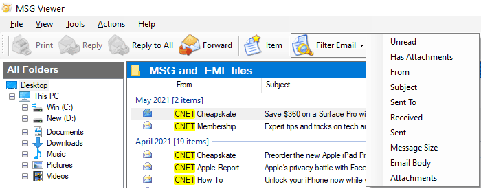 MSG EML Viewer: Filter Emails