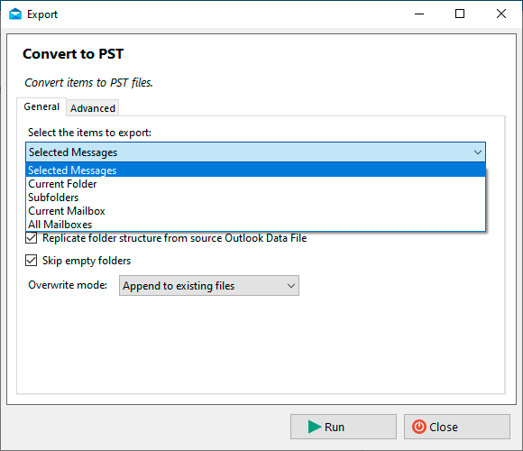 Convert to PST dialog showing the source scope dropdown and basic conversion options