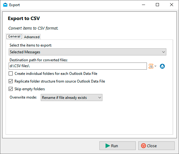 PST Walker export options for converting Outlook data to CSV